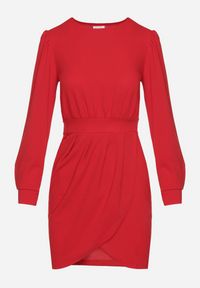 Born2be - Czerwona Sukienka z Marszczeniem i Bufiastymi Rękawami Redenia. Kolor: czerwony. Styl: klasyczny, elegancki