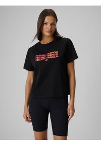4f - 4F T-shirt boxy z nadrukiem damski - czarny M. Okazja: na co dzień. Kolor: czarny. Materiał: dzianina, materiał, bawełna. Wzór: nadruk. Styl: casual #1