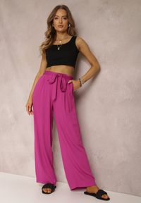 Renee - Ciemnofioletowe Spodnie Szerokie Phiorephis. Kolor: fioletowy. Materiał: wiskoza, tkanina, materiał. Długość: długie. Wzór: gładki, kwiaty