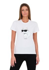 Karl Lagerfeld - KARL LAGERFELD Biały t-shirt z kotem. Kolor: biały. Materiał: bawełna