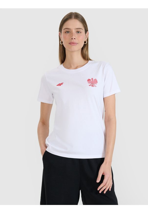 4f - 4F Koszulka kibica damska - biała 3XL. Okazja: na co dzień. Kolor: biały. Materiał: bawełna, dzianina, jersey. Długość rękawa: krótki rękaw. Długość: krótkie. Wzór: napisy, gładki, ze splotem, nadruk. Styl: klasyczny, casual, sportowy