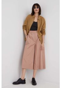 DKNY - Dkny spodnie damskie kolor beżowy szerokie high waist. Stan: podwyższony. Kolor: beżowy. Materiał: tkanina