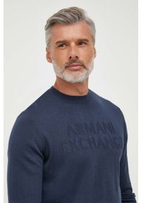 Armani Exchange sweter wełniany męski kolor granatowy lekki. Kolor: niebieski. Materiał: wełna #4