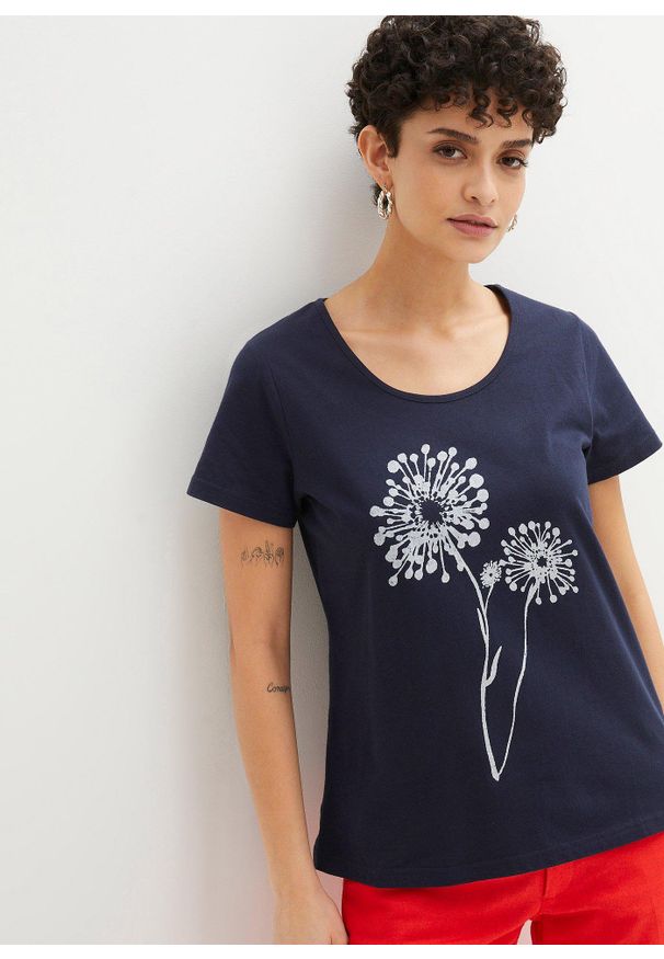 bonprix - T-shirt. Kolor: niebieski. Wzór: nadruk, kwiaty