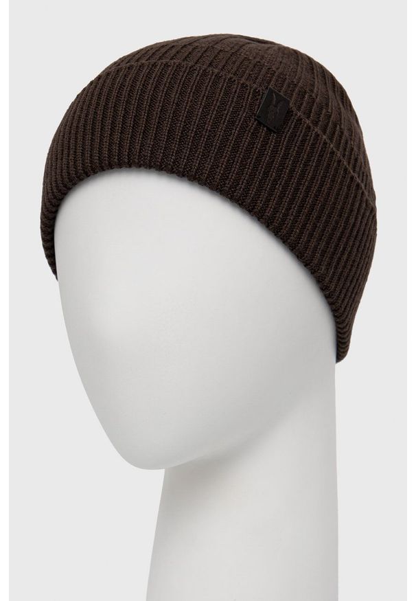 AllSaints Czapka wełniana kolor brązowy z cienkiej dzianiny. Kolor: brązowy. Materiał: wełna, dzianina