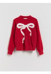 Reserved - Sweter z kokardką - czerwony. Typ kołnierza: kokarda. Kolor: czerwony. Materiał: wiskoza, dzianina #1