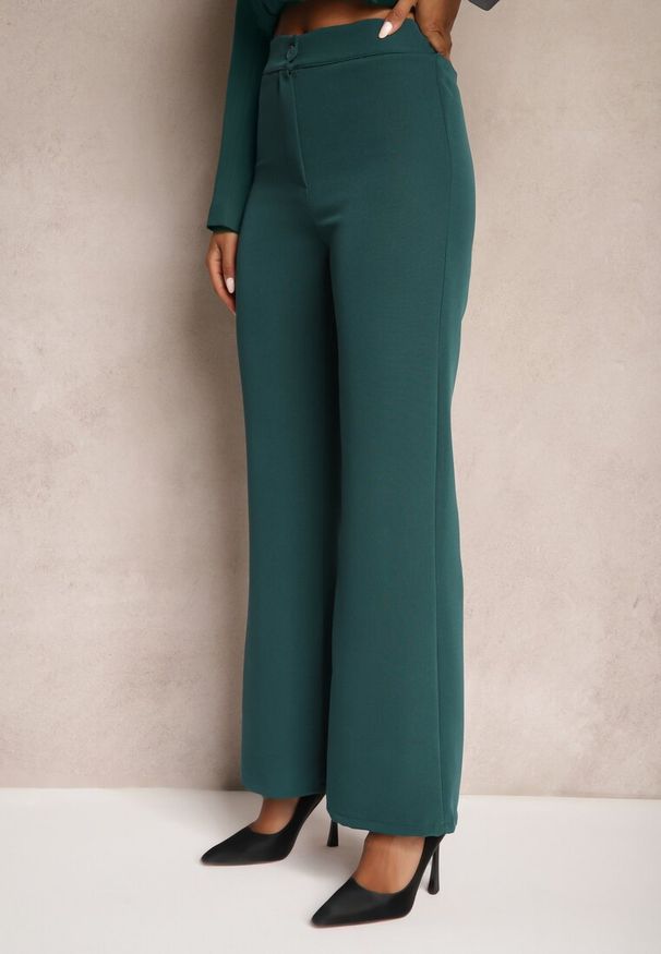 Renee - Ciemnozielone Szerokie Spodnie Materiałowe High Waist Dinnes. Stan: podwyższony. Kolor: zielony. Materiał: materiał. Wzór: gładki