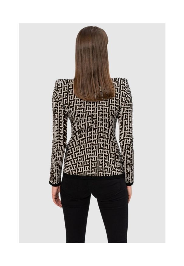 Balmain - BALMAIN Bluzka w czarny monogram. Typ kołnierza: kołnierzyk stójkowy. Kolor: beżowy. Materiał: wełna. Długość rękawa: długi rękaw. Długość: długie