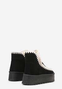 Born2be - Czarne Śniegowce na Grubej Podeszwie z Haftem Maretusa. Okazja: na co dzień. Kolor: czarny. Materiał: jeans. Wzór: haft. Styl: casual, klasyczny #4