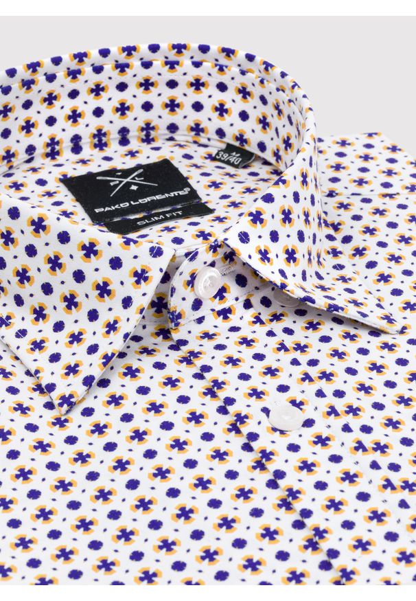 Pako Lorente - Biała koszula w niebiesko-żółty wzór P23WF-1X-018-B-S. Kolor: żółty, niebieski, wielokolorowy, biały. Materiał: bawełna, elastan