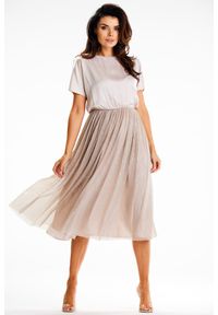 Awama - Beżowa Rozkloszowana Sukienka Midi z Siatkowym Dolem. Kolor: beżowy. Materiał: elastan, poliester. Długość: midi