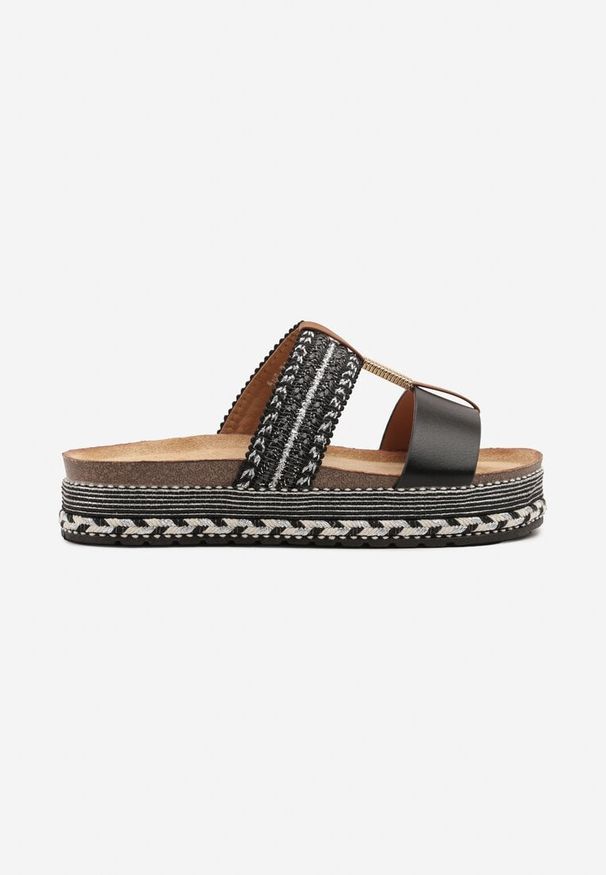 Born2be - Czarne Klapki w Stylu Boho Zdobione Plecionką i Metaliczną Nicią Vileldi. Okazja: na spacer. Kolor: czarny. Materiał: len. Wzór: aplikacja. Obcas: na obcasie. Styl: boho. Wysokość obcasa: niski