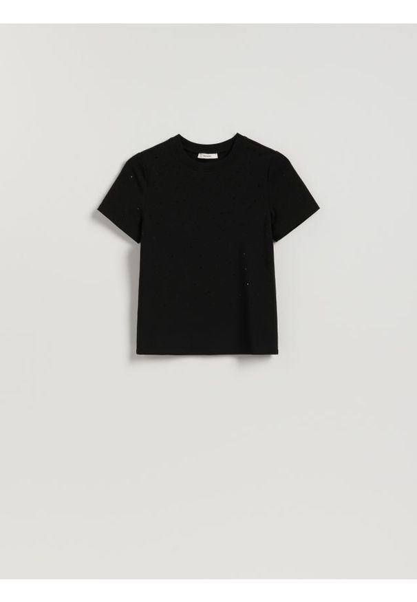 Reserved - T-shirt z aplikacjami - czarny. Kolor: czarny. Materiał: dzianina, bawełna. Wzór: aplikacja