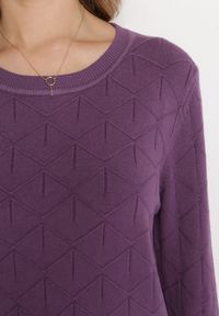 Born2be - Ciemnofioletowy Klasyczny Sweter z Geometrycznym Tłoczeniem Ludgera. Kolor: fioletowy. Wzór: geometria. Styl: klasyczny #3