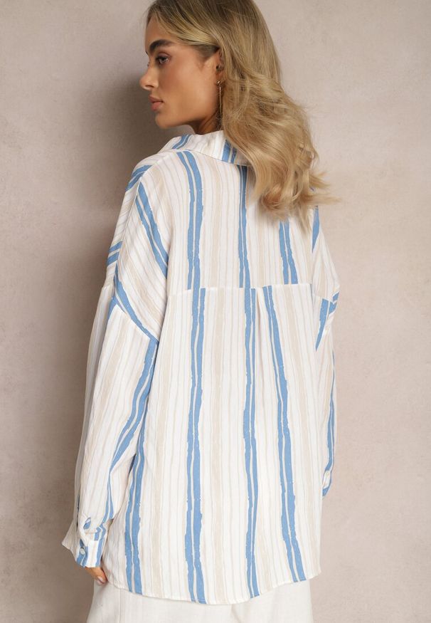Renee - Beżowo-Niebieska Casualowa Koszula z Bawełny w Paski Sileata. Okazja: na co dzień. Kolor: beżowy. Materiał: bawełna. Wzór: paski. Styl: casual