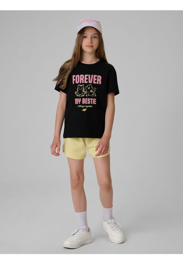 4f - 4F T-shirt regular z nadrukiem dziewczęcy - czarny 140 (9-10 lat). Okazja: na co dzień. Kolor: czarny. Materiał: materiał, bawełna, dzianina. Wzór: nadruk. Sezon: lato. Styl: casual
