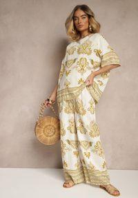 Renee - Żółty Wiskozowy Komplet w Orientalny Print Szerokie Spodnie i T-shirt Pollialia. Kolor: żółty. Materiał: wiskoza. Wzór: nadruk