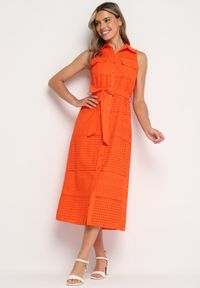Born2be - Pomarańczowa Bawełniana Sukienka Ażurowa o Koszulowym Kroju z Materiałowym Paskiem w Talii Vikiiana. Kolor: pomarańczowy. Materiał: materiał, bawełna. Wzór: ażurowy. Sezon: lato. Typ sukienki: koszulowe #1