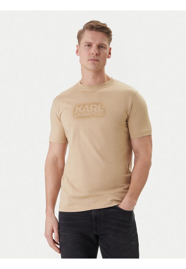Karl Lagerfeld - KARL LAGERFELD T-Shirt 755060 562242 Beżowy Regular Fit. Typ kołnierza: dekolt w karo. Kolor: beżowy. Materiał: bawełna