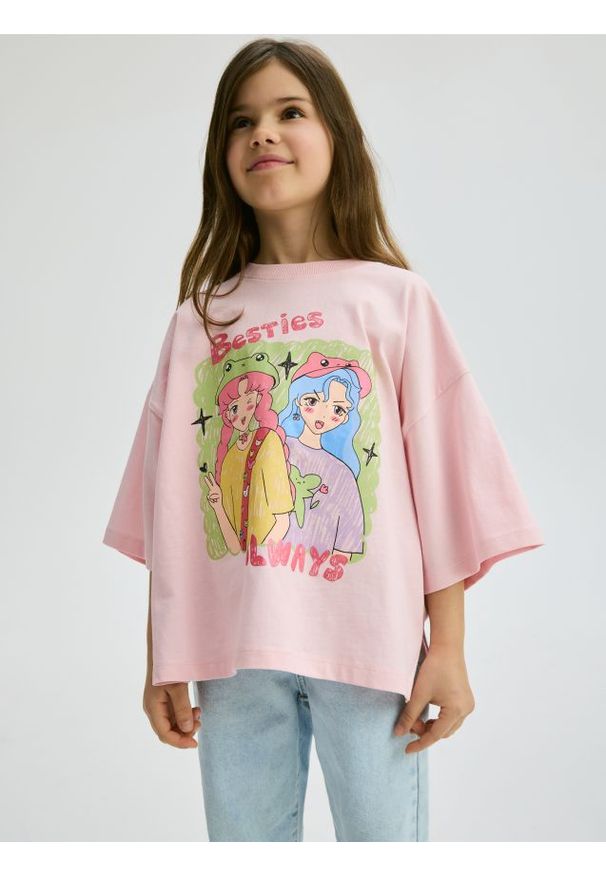 Reserved - T-shirt z nadrukiem - pastelowy róż. Kolor: różowy. Materiał: bawełna. Długość: krótkie. Wzór: nadruk
