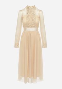 Born2be - Beżowa Rozkloszowana Sukienka Maxi z Siateczki Ozdobiona Koronką Vireln. Kolor: beżowy. Materiał: koronka. Wzór: aplikacja, koronka. Długość: maxi #7