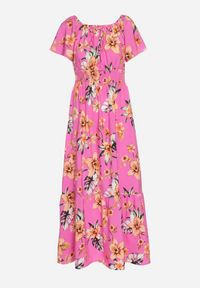 Born2be - Fuksjowa Sukienka w Kwiaty z Gumką w Talii i Hiszpańskim Dekoltem Devoris. Okazja: na co dzień, na imprezę, na spacer. Kolor: różowy. Wzór: kwiaty. Sezon: lato. Styl: casual, elegancki #4