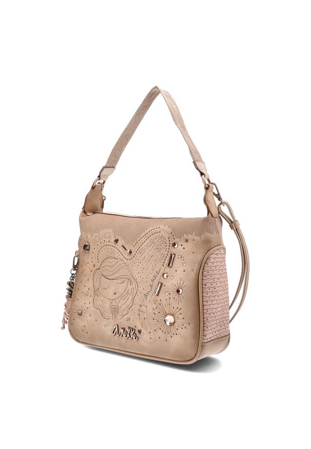 Beżowa Elegancka Torebka Damska Na Ramię Anekke Z Laleczką. Kolor: beżowy. Wzór: aplikacja. Materiał: zdobione. Styl: elegancki. Rodzaj torebki: na ramię