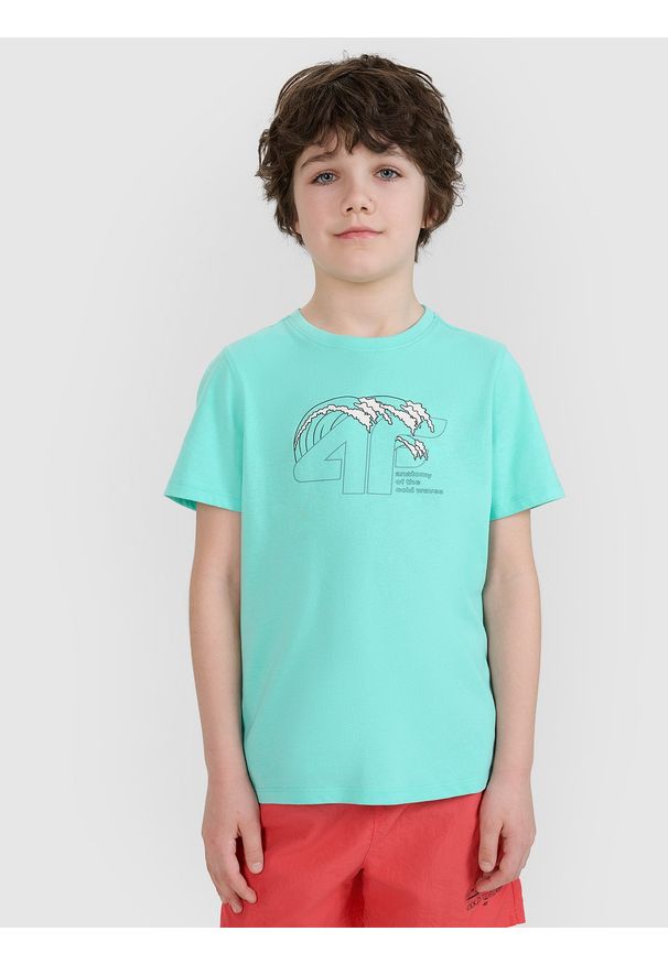 4f - 4F T-shirt regular z nadrukiem chłopięcy - turkusowy 152 (11-12 lat). Okazja: na co dzień. Kolor: turkusowy. Materiał: jersey, materiał, bawełna. Długość rękawa: krótki rękaw. Długość: krótkie. Wzór: nadruk. Sezon: lato. Styl: klasyczny, sportowy, casual