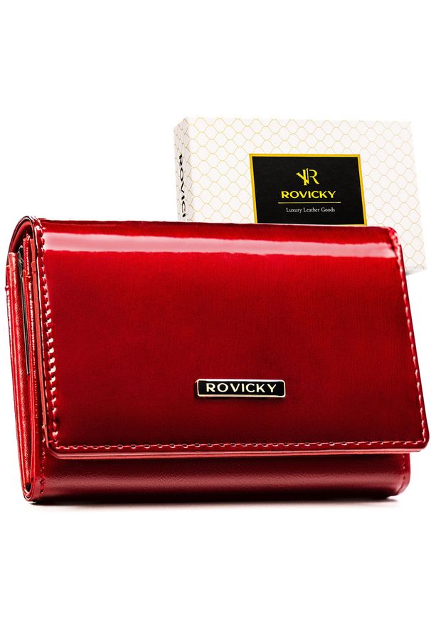 ROVICKY - Duży, lakierowany portfel damski ze skóry naturalnej i ekologicznej w czerwonym kolorze, zamykany na zatrzask - Rovicky. Kolor: czerwony. Materiał: lakier
