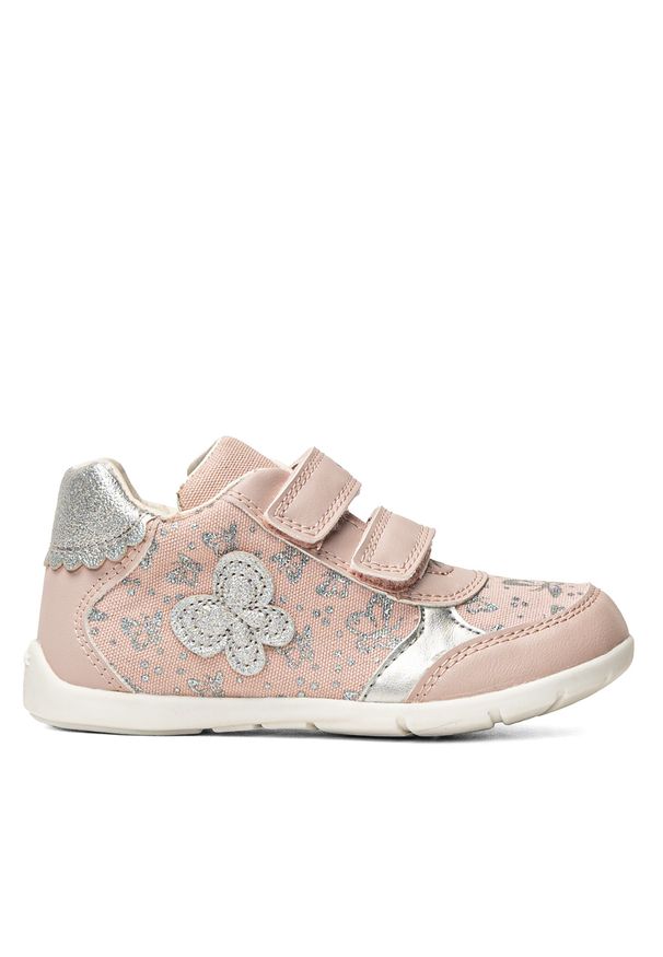 Geox - Sneakersy dziecięce beżowe GEOX B Elthan Girl. Kolor: beżowy. Materiał: skóra, syntetyk, materiał, guma. Wzór: aplikacja, motyw z bajki. Sport: turystyka piesza