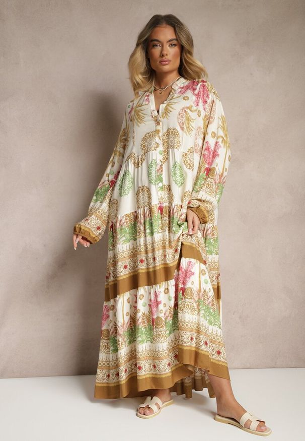 Renee - Beżowa Sukienka z Wiskozy Rozkloszowana w Print Boho Aedia. Okazja: na co dzień. Typ kołnierza: dekolt w serek. Kolor: beżowy. Materiał: wiskoza. Wzór: nadruk. Styl: boho