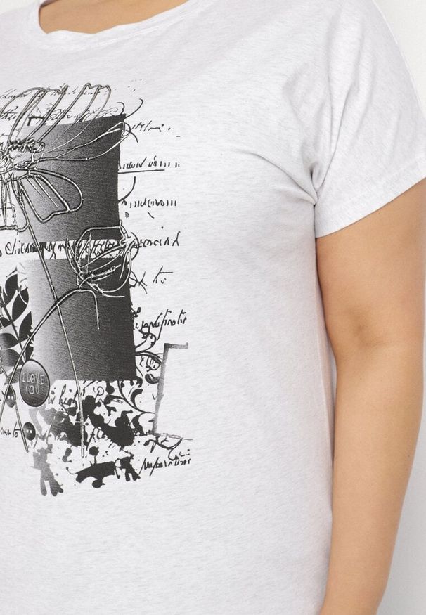 Born2be - Jasnoszary Bawełniany T-shirt z Metalicznym Nadrukiem Farilna. Okazja: na co dzień. Kolor: szary. Materiał: bawełna. Wzór: nadruk. Styl: casual