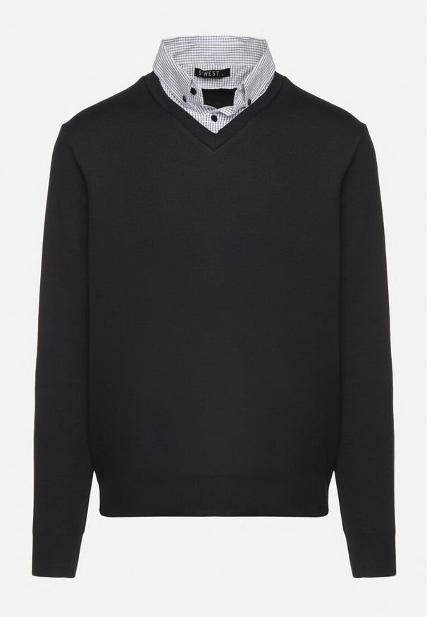 Born2be - Granatowy Sweter z Wełną i Koszulowym Kołnierzykiem Espirra. Okazja: na spotkanie biznesowe, do pracy, na co dzień. Typ kołnierza: kołnierzyk koszulowy. Kolor: niebieski. Materiał: wełna. Styl: biznesowy, casual, elegancki