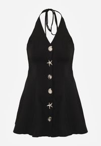 Renee - Czarna Sukienka Taliowana Rozkloszowana z Ozdobnymi Złotymi Guzikami i Wiązaniem na Szyi Argica. Okazja: na co dzień. Kolor: czarny. Materiał: poliester, jeans. Sezon: lato. Styl: casual, elegancki, klasyczny #3