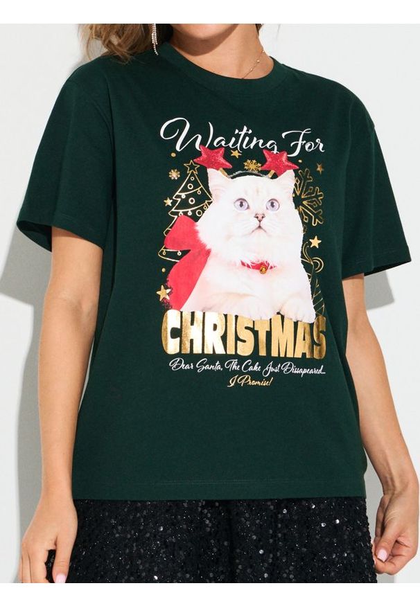 Sinsay - Świąteczna koszulka z kotem - ciemny turkus. Styl: wizytowy