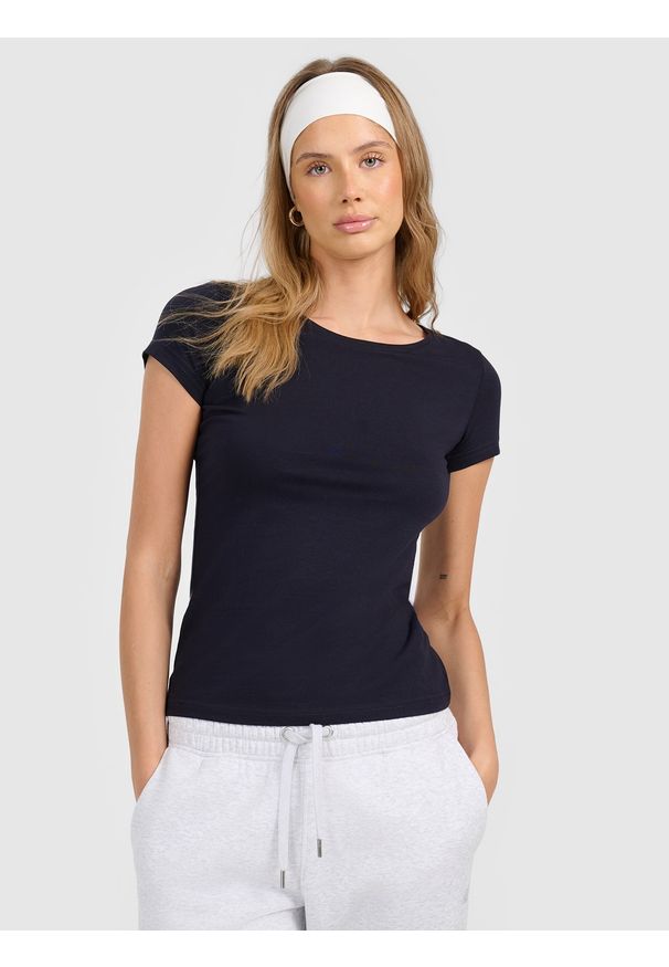 4f - 4F T-shirt regular gładki damski S. Kolor: niebieski. Materiał: bawełna, dzianina. Wzór: gładki