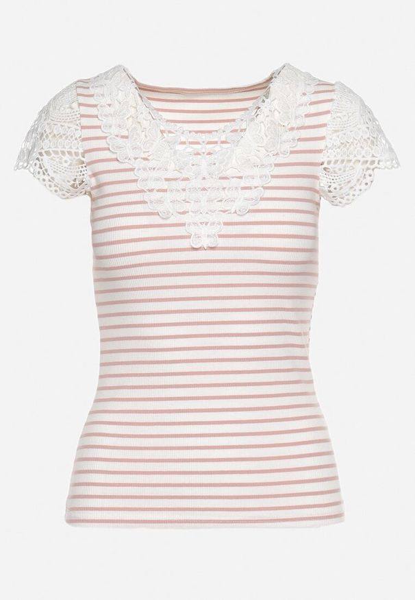 Born2be - Różowo-Beżowy T-shirt z Bawełny z Koronką przy Dekolcie i Rękawach Alilama. Okazja: na randkę. Typ kołnierza: dekolt w kształcie V. Kolor: różowy. Materiał: bawełna, koronka. Długość rękawa: krótki rękaw. Długość: krótkie. Wzór: koronka. Styl: klasyczny