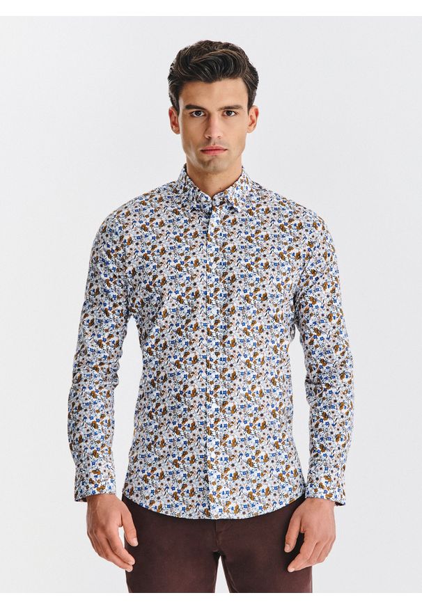 Pako Lorente - PAKO LORENTE – Biała koszula w kwiaty. Kolor: biały. Materiał: elastan, bawełna. Długość rękawa: długi rękaw. Długość: długie. Wzór: kwiaty