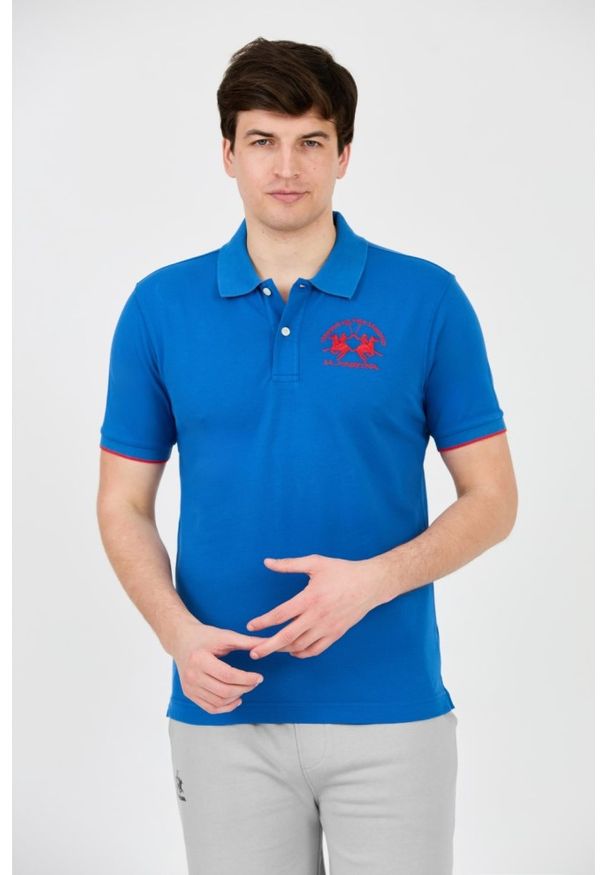 La Martina - LA MARTINA Niebieskie męskie polo z dużym logo, Rozmiar M. Typ kołnierza: polo. Kolor: niebieski