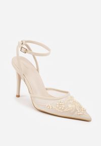 Renee - Beżowe Szpilki VICES z Siateczkową Cholewką Perełkami i Kwiatowym Wzorem Berdal. Zapięcie: sprzączka. Kolor: beżowy. Materiał: satyna. Szerokość cholewki: normalna. Wzór: kwiaty. Obcas: na szpilce #7