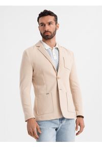Ombre Clothing - Męska marynarka SLIM z dzianiny o subtelnej strukturze – beżowa V5 - Rozmiar: L. Okazja: do pracy. Kolor: beżowy. Materiał: dzianina. Wzór: kolorowy. Styl: klasyczny #10
