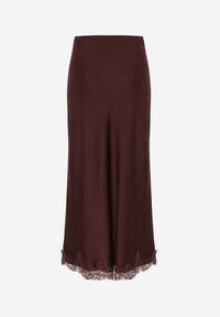 Born2be - Brązowa Satynowa Spódnica z Koronkowym Zdobieniem Silfera. Okazja: na co dzień, na spotkanie biznesowe. Kolor: brązowy. Materiał: satyna, koronka. Wzór: aplikacja. Styl: biznesowy, klasyczny, casual #4