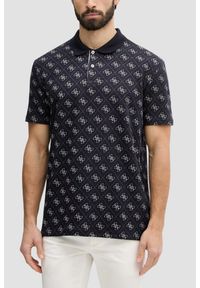 Guess - GUESS Granatowa męska koszulka polo w monogram 4G Jacquard, Rozmiar M. Okazja: na co dzień. Typ kołnierza: polo. Kolor: niebieski. Styl: elegancki, casual, klasyczny #1