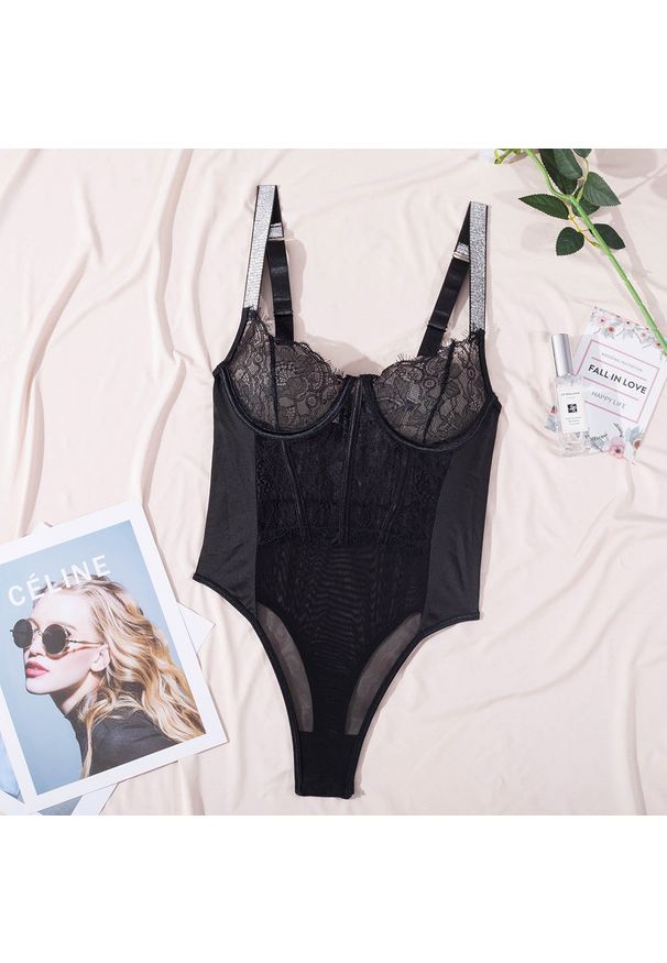 Intica - Body z koronką i ozdobnymi ramiączkami na specjalne okazje Minette. Kolor: czarny. Materiał: koronka. Wzór: koronka