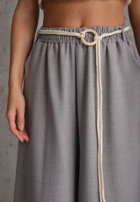 Renee - Szare Wiskozowe Spodnie Typu Palazzo High Waist Ozdobione Paskiem Sznurkiem Alemea. Okazja: na co dzień. Stan: podwyższony. Kolor: szary. Materiał: wiskoza. Długość: krótkie. Wzór: aplikacja. Styl: casual, boho #2