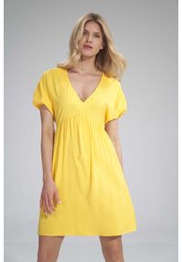 Figl - Sukienka o Luźnym Kroju z Bufkami - Żółta. Kolor: żółty. Materiał: elastan, wiskoza