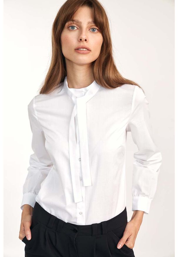 Nife - Biała Koszulowa Bluzka z Wiązaniem pod Szyją - Biała. Kolor: biały. Materiał: poliester, bawełna
