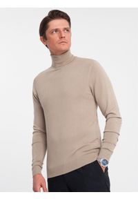 Ombre Clothing - Dzianinowy męski dopasowany golf z wiskozą - beżowy V5 - Rozmiar: XXL. Typ kołnierza: golf. Kolor: beżowy. Materiał: wiskoza, dzianina