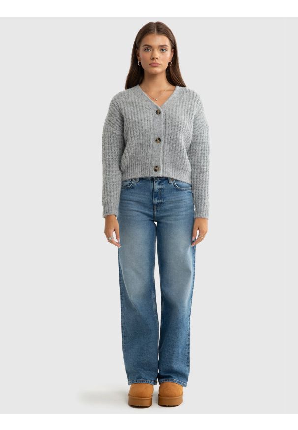 Big-Star - Sweter dziewczęcy kardigan z dodatkiem wełny szary Karda 901. Okazja: na co dzień. Kolor: szary. Materiał: wełna. Wzór: ze splotem. Styl: elegancki, vintage, casual