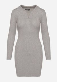Born2be - Szara Sweterkowa Sukienka z Prążkowanego Materiału z Kołnierzykiem Merivanae. Okazja: na spotkanie biznesowe. Kolor: szary. Materiał: prążkowany, materiał. Styl: biznesowy, elegancki #7